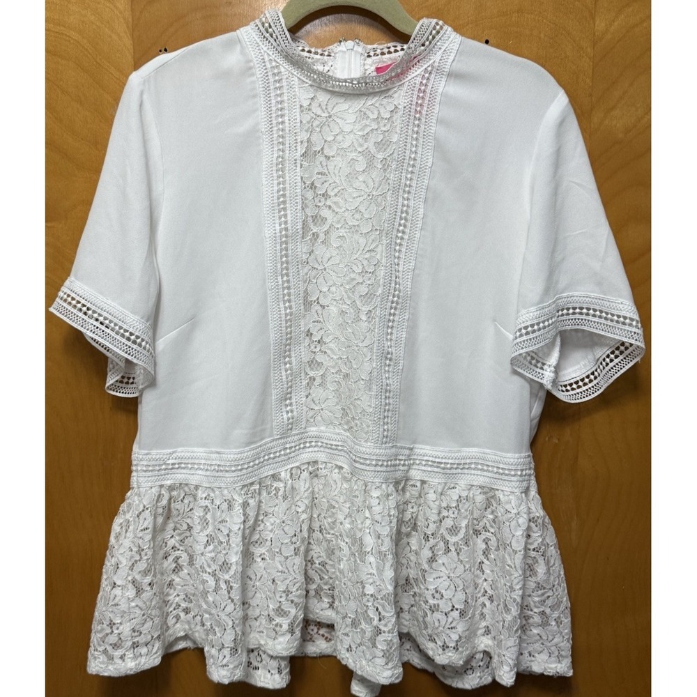 Catherine Malandrino‎ Womens Embroidered Lace Peplum Top Back Zip White Sz Large